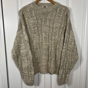 VINTAGE Saks Fifth Ave Mens Cable Knit Sweater Crew Neck L Oatmeal 100% Cotton - Picture 1 of 8