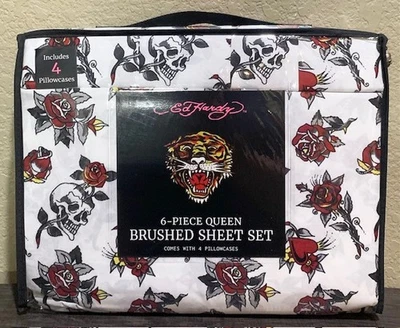 Juego de sábanas Ed Hardy QUEEN 6 piezas con 4 fundas de almohada estampado de calaveras, rosas rojas y corazones Foto 1 de 4