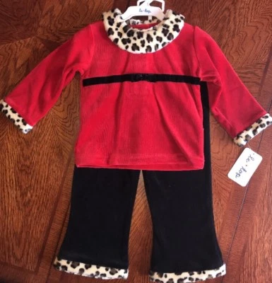 NEW Le Top Red Black Velvet Leopard boutique Outfit Fur Collar 18 Mo Christmas - Изображение 1 из 4