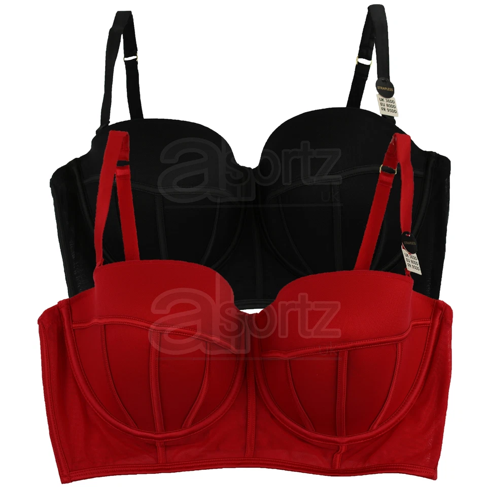 Ladies Girls ex New Look Longline Bustier Balcony Strapless Bra Red or Black - Image 1 of 4