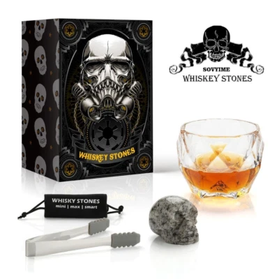 Exclusive Skull Design Whiskey Scotch Stone and Glass Gift Set Reusable Ice Cube - Image 1 of 4