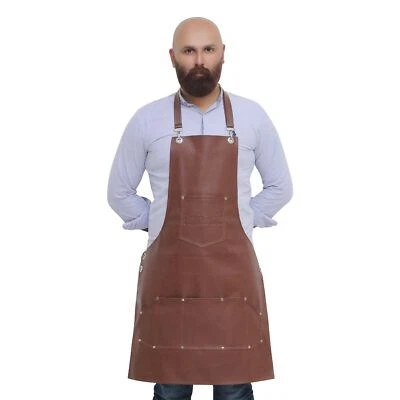 FLAMIA JABZ Faux Leather Barber Vest Apron - Brown with Pockets - Adjustable Straps