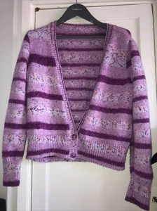 Vintage Hand Knitted Knit Artisan Unique Cardigan Sz M 12-14-16 Purple Funky - Picture 1 of 11