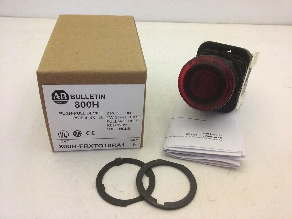 ALLEN BRADLEY 800H-FRXTQ10RA1 PUSH-PULL TWIST-RELEASE RED 120V 1NO 1NCLB SER.  F - Image 1 of 4