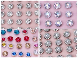 50 Silver Bling Crystal Rhinestone Pearl Flatback Button 9mm 11mm Wed Invitation - Picture 1 of 11
