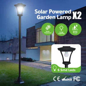 Deluxe Solar Powered Garden Lamp Post X2 Outdoor Yard Standing Waterproof Light - Picture 1 of 10