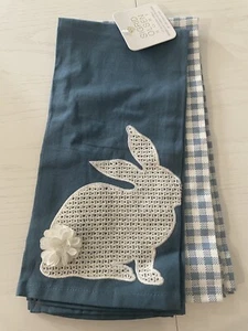 New Easter Dishtowel Set 2 Sigrid Olson Blue White Gingham Bunny 20x28 NWT - Picture 1 of 5