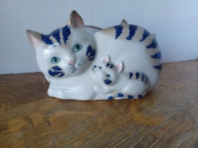 Henriksen Imports Cerámica Gato y Gatito Servilletero Japón Blanco Azul Cocina Foto 1 de 4