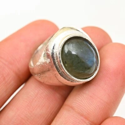 拉长石男式戒指 925 纯银声明手工戒指 均码 M511 — 第 1/4 张图片