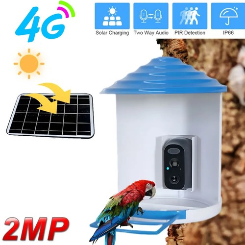 Bird Feeder Camera 4G LTE Sim Card 2MP 1080p HD Battery Solar Power For Garden