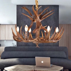 Retro Resin Candle Hanging Pendant Light Antlers Chandelier Ceiling Lamp Fixture - Picture 1 of 8