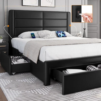 Marco De Cama Con Plataforma Tapizada Cabecero Cuero Cajon Almacenamiento Queen - Image 1 of 4