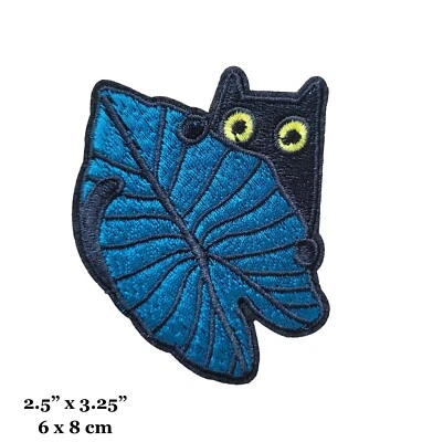 Cute Black Cat on Green Leaf Embroidered Iron On Patch - Image 1 of 2