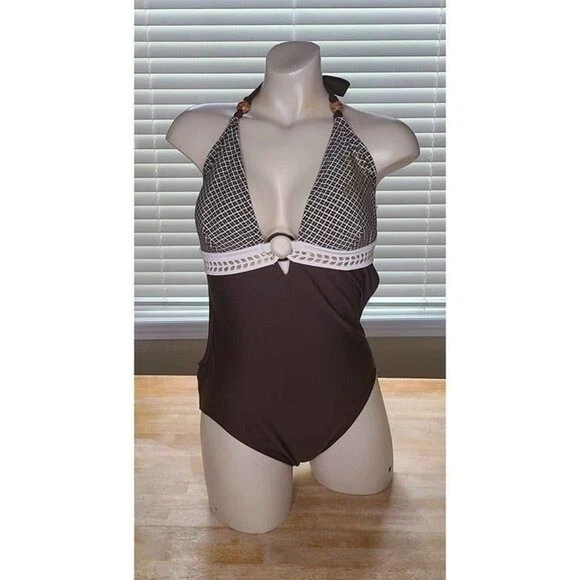 Traje de baño Sand N Sun para mujer de una pieza marrón tostado con cuentas atado cuello y cintura talla L Foto 1 de 4