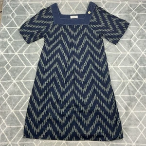TOAST Women’s Dress Size 10 Blue Ikat Chevron Print Short Sleeve Cotton Shift - Picture 1 of 10