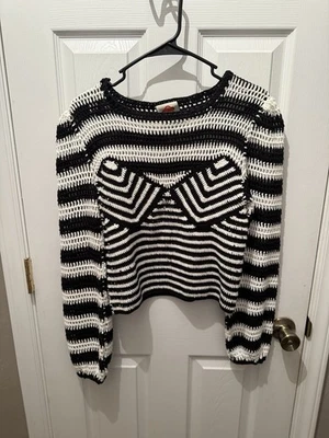 Farm Rio Crochet Striped Sweater Size XS Black And White - Image 1 of 4