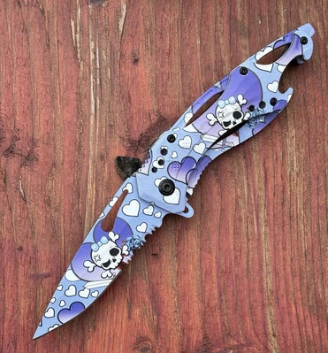 Lindo cuchillo de bolsillo manga púrpura Kuwaii calavera corazón ayuda resorte abridor de botellas Foto 1 de 4