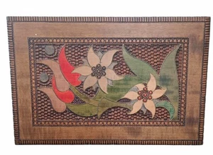 Handmade Carved Wood Floral Stained Trinket Box Folk Art Poland 7"x11'x2" Vtg - Picture 1 of 5