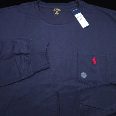 POLO RALPH LAUREN CREW T-SHIRT 2XB BIG 2XL NAVY BLUE LONG SLEEVE POCKET RED PONY - Image 1 of 4