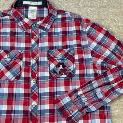Camisa de los Parques Disney para Hombres M Roja Azul a Cuadros Frente a Presión Manga Occidental Gráfico de Mickey Foto 1 de 4