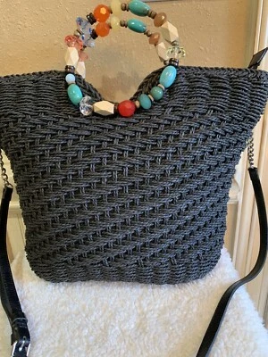 NUEVO CON ETIQUETAS RARO Bolso de Hombro Patricia Nash con Mango con Cuentas y Joyas Paja Negro Muestra Foto 1 de 4