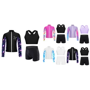Kids Girls Dance Outfits Shorts Sports Set Athletic Dancewear Rhinestones 3Pcs - Picture 1 of 56