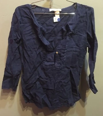 $86 NWT SoLow Solid Linen Navy V Neck Button Front Pleated 3/4 Sleeves Top Small - Image 1 of 4