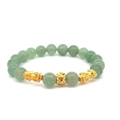 18K Gold Dragon Pixiu Double Piyao Money Bag Bracelet Gemstones Aventurine 8mm - Image 1 of 4