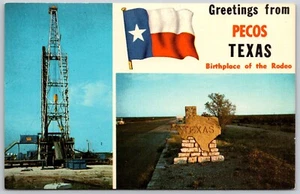 Postcard Texas Greetings from Pecos TX Birthplace of Rodeo Oil Derrick - Foto 1 di 2