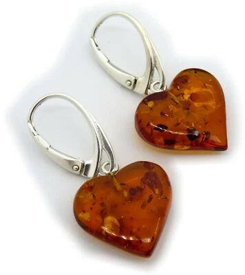 Nuovo Orecchini Pendente Vero Ambra Naturale Braun Mar Baltio Cuore Argento 925 - Immagine 1 di 4