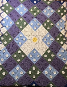 Vintage Raised Roses In Multicolored Squares Crocheted Twin Size Afghan 63”X91” - Picture 1 of 4