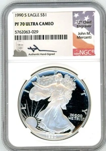 1990 S $1 1 OZ Proof Silver Eagle NGC PF70 John Mercanti - Picture 1 of 4