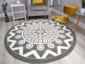 Grey Abstract Circle Rug Small Medium Large Light Round Circular Floor Mat Cheap - Picture 1 of 1