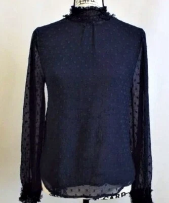 NUEVO CON ETIQUETAS Blusa Zara Azul Marino Floral Apliques Cuello Simulado Elegante Transparente X-Pequeña XS Foto 1 de 4