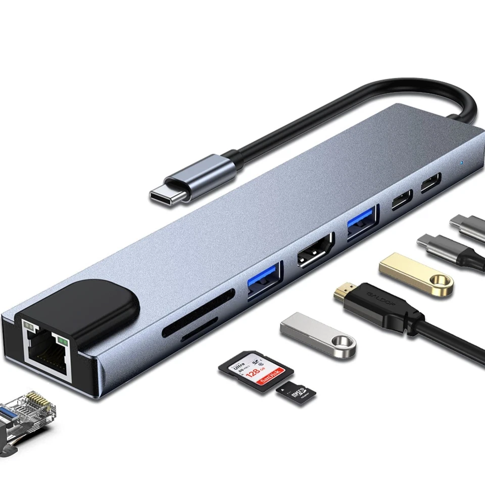 USB-C Hub 8-in-1 Adapter USB 3.0 4K HDMI RJ45 LAN Ethernet Micro SD Kartenleser - Bild 1 von 4