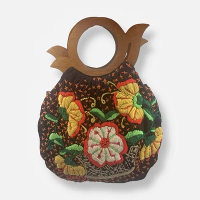 Vintage Tote Bag Boho Floral Brown Fabric Wood Handles Embroidered Flowers - Image 1 of 4