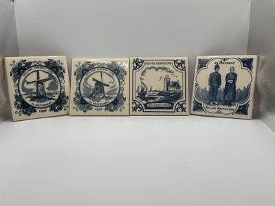 Vintage Set of 4 Delft Blue & White Holland America Cruise Line Tile Coasters - Image 1 of 4