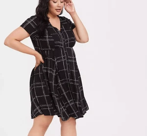 Torrid Mini Challis Button-Front Shirt Dress Size 2X Black Plaid Pockets - Picture 1 of 15