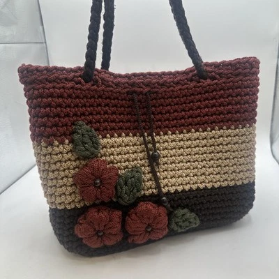 Bolso Cartera Hecho a Mano Crochet Rayas 3D Flores Hippie Bohemio Cottagecore Foto 1 de 4