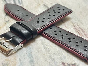 39 ¡ÚLTIMOS VENDIDOS! Correa de reloj de rally perforada 22 mm bordes y costuras rojas negras - Imagen 1 de 9