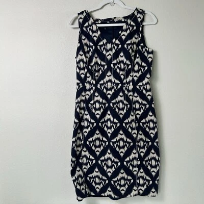 Платье цельнокроеное Talbots размер 8 темно-синее с геометрическим принтом без рукавов с V-образным вырезом эластичное - Изображение 1 из 4