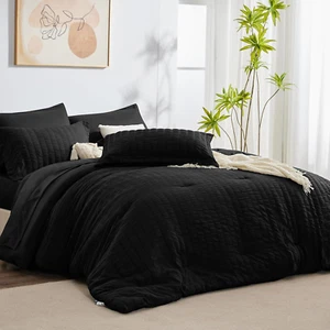 Queen Size Seersucker Comforter Set Black Bed N Bag 7-Pcs All Season Bedding Kit - Picture 1 of 12