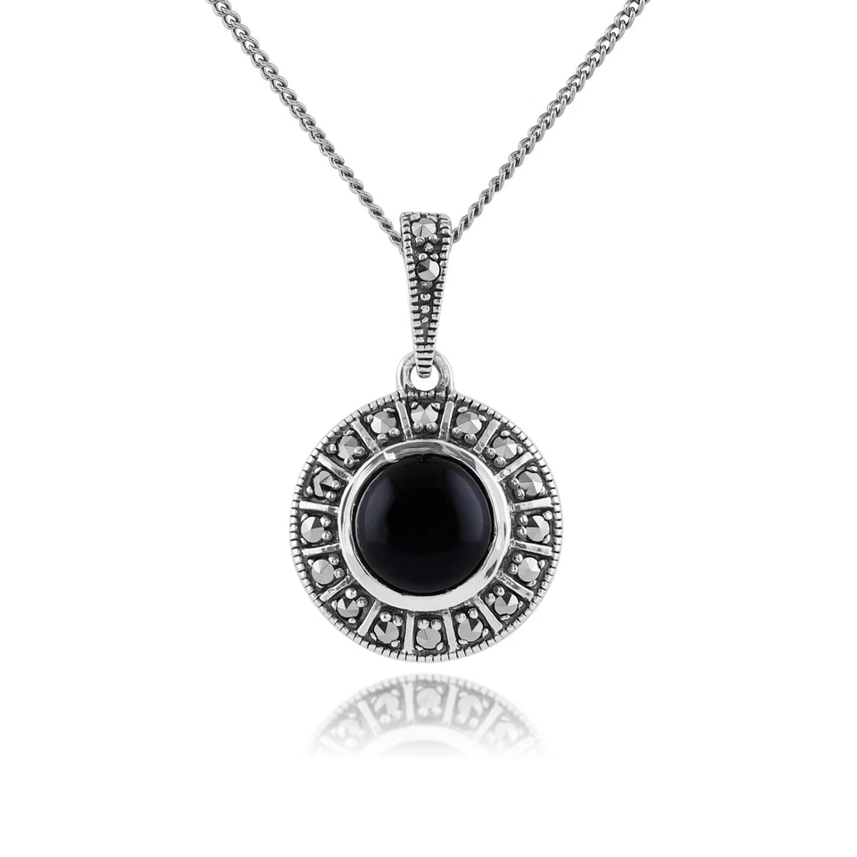 Art Déco Stile Rotondo Onice Nera Cabochon & Marcasite Collana IN Argento - Immagine 1 di 1