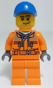 Lego Tow Truck Driver Minifigure con Barba di Stoppia Arancione Riflettente Felpa con Cappuccio e Cappello - Foto 1 di 2
