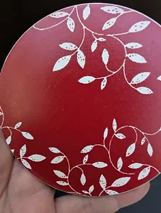 Ceramic round coaster set of 4 in rich red rustic & white leaf design - 4" round - Picture 1 of 5