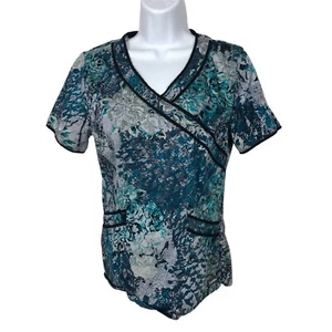 Landau Womens Scrub Top Size S Blue Black Floral Short Sleeves Pockets V neck - Picture 1 of 14