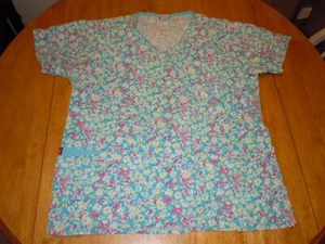 DICKIES SCRUB TOP WOMENS LARGE BLUE PINK FLORAL VINTAGE - Picture 1 of 4