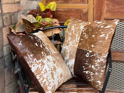 Goat Hair On Leather Throw Pillow Covers, Set of 2 Brown Couch Cushion covers - Image 1 of 4