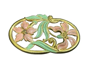 Antique Large Art Nouveau Floral Brooch Pink & Green Enamel C Clasp Brooch - Picture 1 of 11