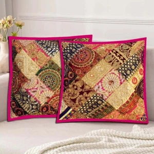 16"-2 STUNNING VINTAGE SARI KUNDAN MOTI BEADED THROW TOSS CUSHION PILLOW COVERS - Picture 1 of 14